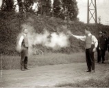 An inventor testing the final version of his bullet proof vest